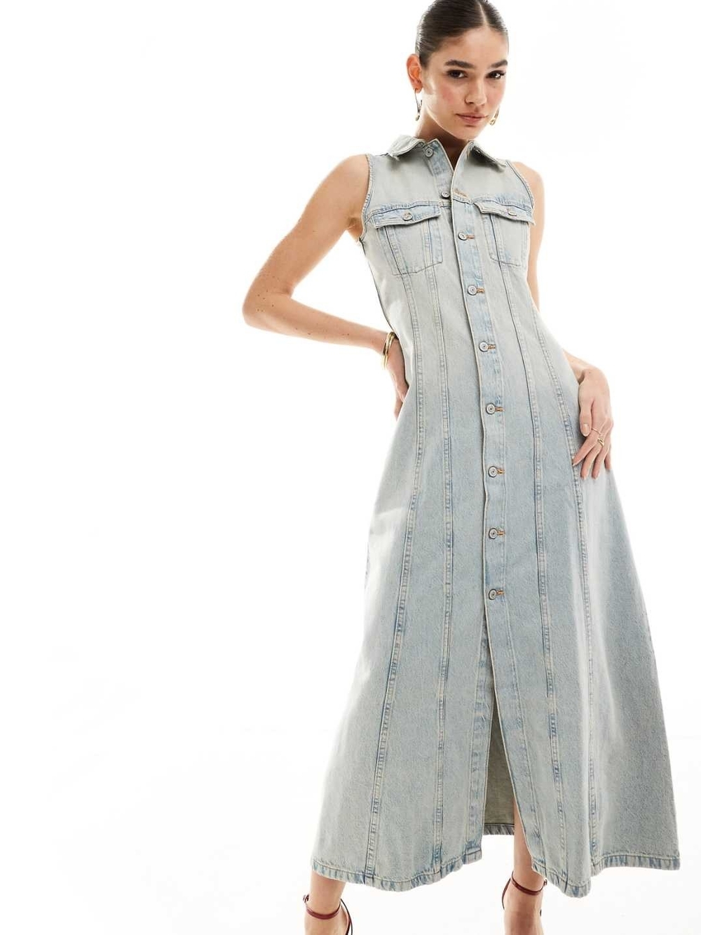 MANGO MNG Denim Maxi Dress Size M Sleeveless Button Front A-Line Light Wash Y2K